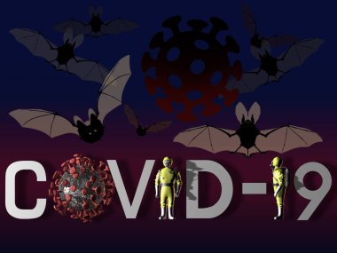 3 boyutlu görüntüleme. 3 boyutlu görüntüleme. Koronavirüs ve yarasaların arka planında koruyucu giysiler olan 3D Covid-19 yazıtları..