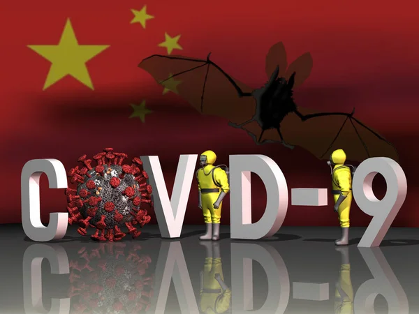 3Dレンダリング 中国の国旗を背景に コロナウイルスと保護服を着た3D碑文Covid — ストック写真