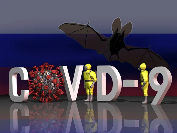 Rendering Iscrizione Covid Con Coronavirus Tute Protettive Sullo Sfondo Della — Foto Stock