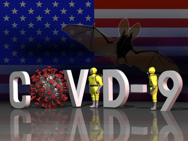 Rendering Inscription Covid Coronavirus Protective Suits Background American Flag — Stock Photo, Image