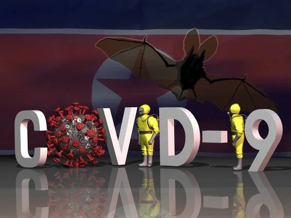 3Dレンダリング 3D碑文は 北朝鮮の旗の背景にコロナウイルスや保護スーツをCovid — ストック写真