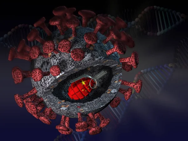 Модель Коронавируса Ковид Секции Внутри Граната Флаг Китая Рендеринг — стоковое фото