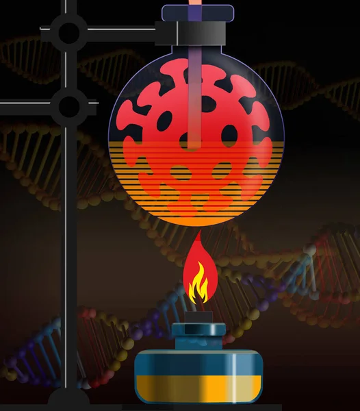 Стеклянная Фляжка Коронавирусом Ковид Огнем Фоне Человеческого Гена — стоковое фото
