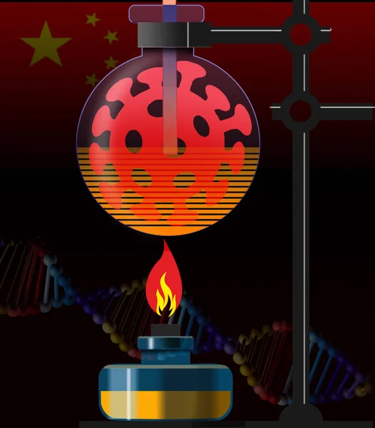 Стеклянная Фляжка Коронавирусом Ковид Огнем Фоне Китайского Флага — стоковое фото