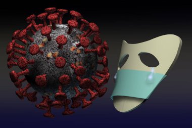  Covid-19 Coronavirus modeli ve tıbbi koruyucu maskeli bir maske. 3B görüntüleme.