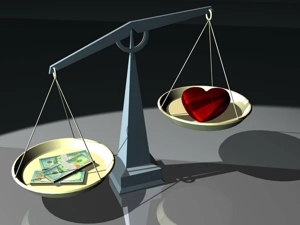 American dollars on mechanical scales against the heart. 3D rendering.