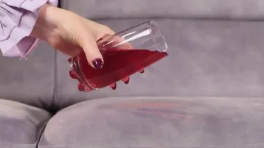 Meyve suyu bir bardaktan kanepeye dökülür.