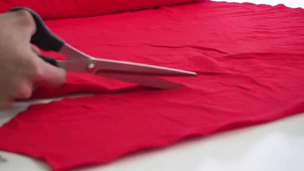 Corte de tela con tijeras rojo — Vídeos de Stock