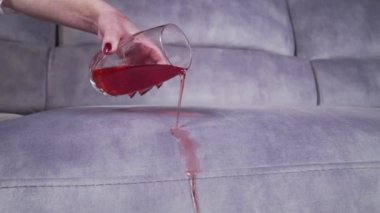 Meyve suyu bir bardaktan kanepeye dökülür.