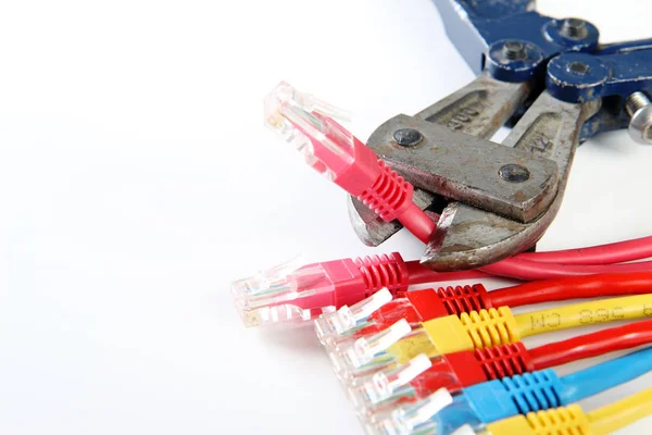 Group of connectors rj45 and cut wire with pliers — Stock Photo, Image