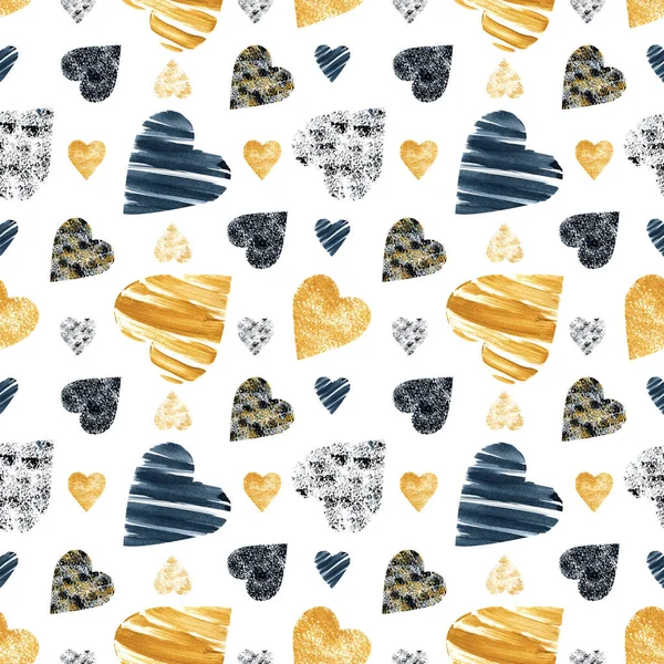 Seamless pattern of gray, black and gold hearts on a white background. Watercolor illustration. Valentines day collection.