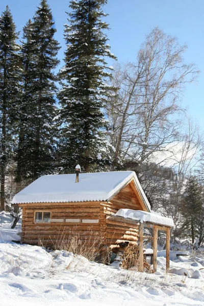 Деревянная баня с подогревом зимой в горах Алтая. вертикальная — стоковое фото