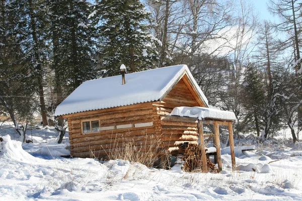 Saunas en bois en hiver dans les montagnes de l'Altaï. Bois de chauffage pour le poêle — Photo