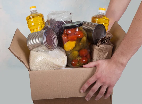 Volunteer Hands Hold Food Box Donation Social Help Epidemic Close — Stock Photo, Image