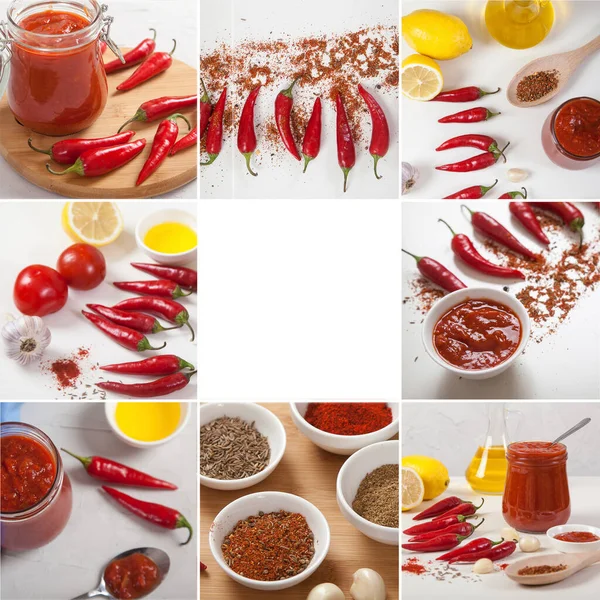 Collage Van Harissa Specerijen Specerijen Paprika Tomaten Een Lichte Achtergrond — Stockfoto