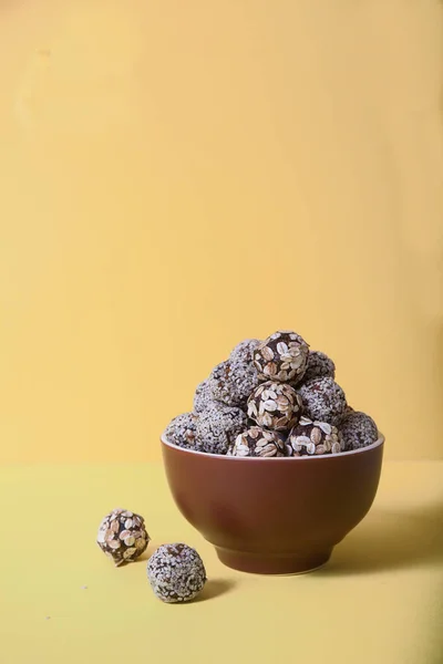Energy Balls Dried Fruits Nuts Sprinkled Sesame Seeds Granola Lie — Stock Photo, Image