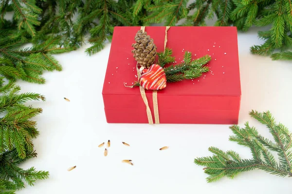 Rote Schachtel mit Weihnachtsgeschenken und Tannenzweigen — Stockfoto