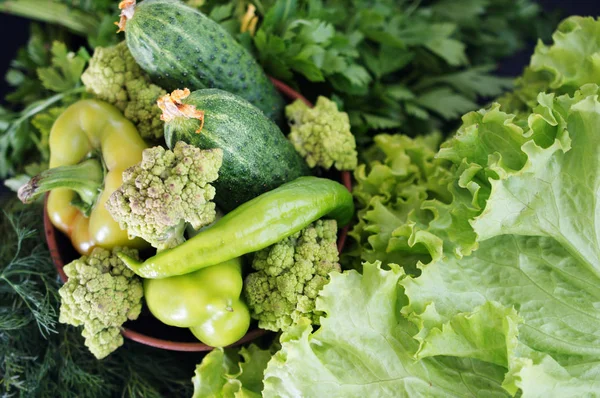 Verdure verdi fresche e verdi e per preparazione d'insalata — Foto Stock