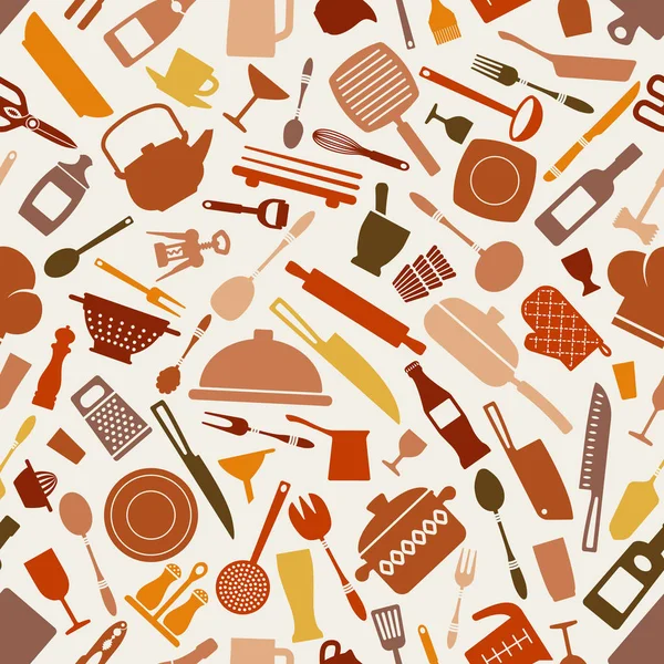 Kochgeschirr Küche nahtlose Muster in Brauntönen — Stockvektor