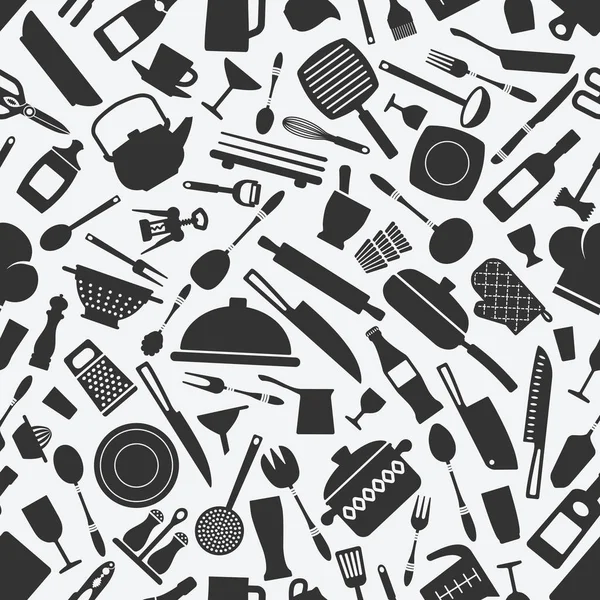 Kitchen cookware monochrome seamless pattern — Stock Vector