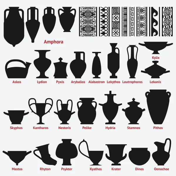 Ensemble de vases grecs antiques et motifs sans couture de décoration de frontière — Image vectorielle