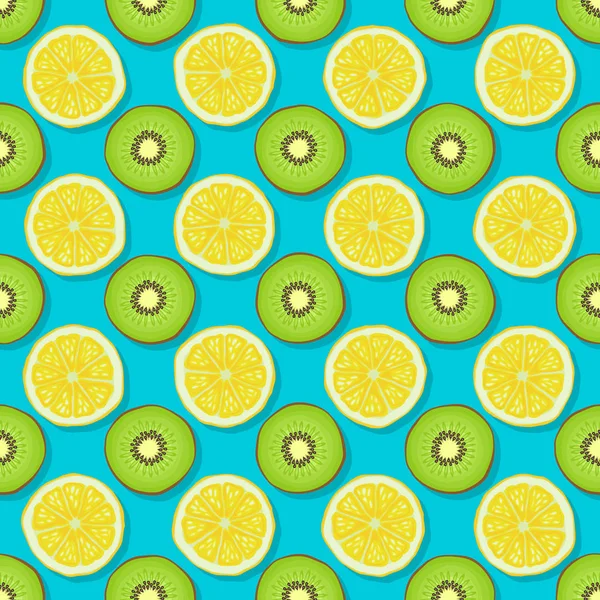 Kiwi and lemon seamless pattern on blue background — Stock Vector