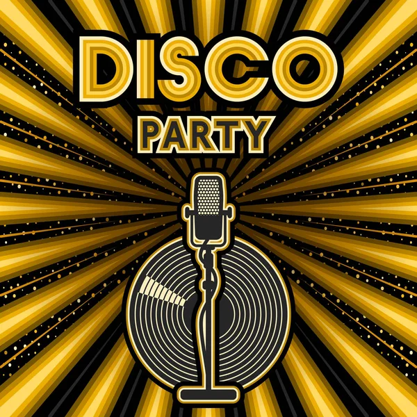 Microphone and vinyl record on golden background. Party poster in retro style — Stock Vector