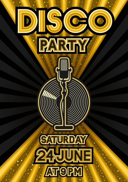 Microphone and vinyl record on black and golden background. Party poster in retro style — Stock Vector