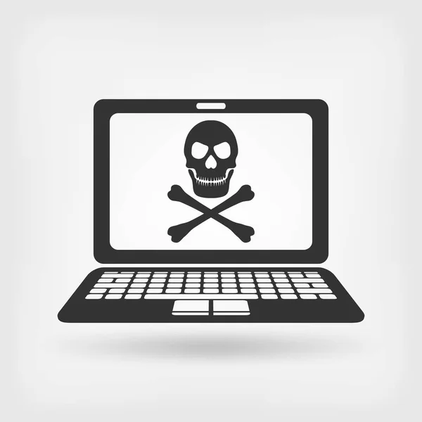 Skull and crossbones op het scherm van de laptop. virus concept — Stockvector