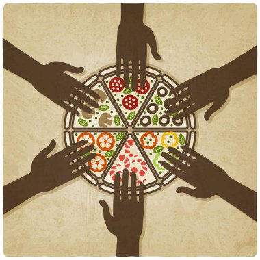 Pizza eski arka plan için uzanan eller