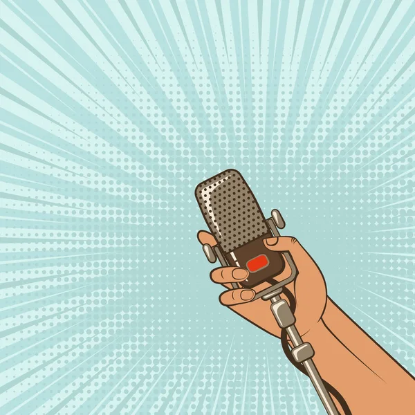 Fond musical. main masculine avec microphone rétro — Image vectorielle