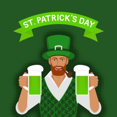 Aziz Patrick Günü tebrik kartı. Kızıl saçlı İrlandalı adam elinde iki kupa yeşil bira tutuyor.