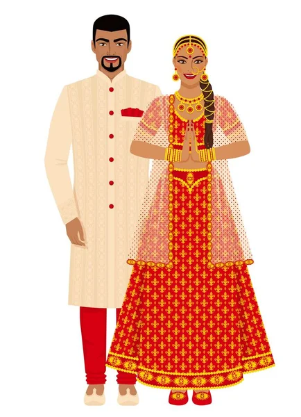 インドの結婚式のカップルの伝統的な衣装 — ストックベクタ