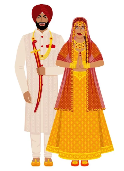 Indian bride and groom in traditional costumes 로열티 프리 스톡 일러스트레이션