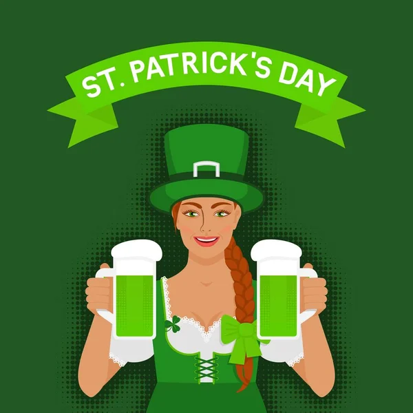 St. Patricks day greeting card. Redhead Irish girl holding two mugs of green beer 벡터 그래픽