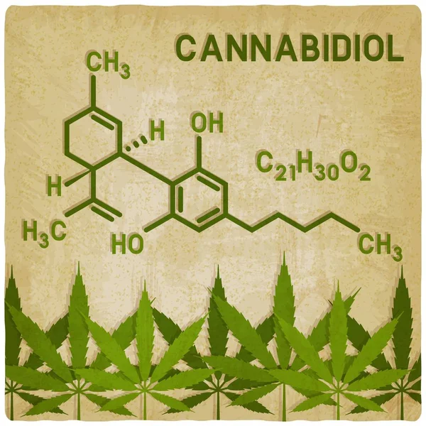 Estruturas moleculares de canabidiol em folhas de maconha fundo vintage —  Vetores de Stock