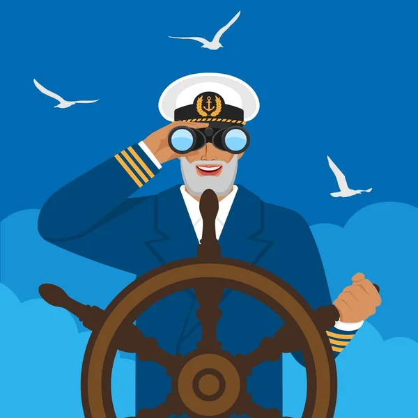 Kapitän blickt durch Fernglas am Ruder des Bootes — Stockvektor