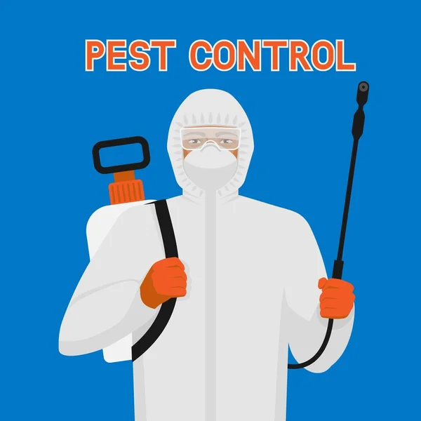 Pest Control exterminator in protective suit and mask with sprayer — Stock Vector