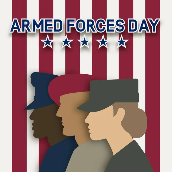 Tres soldados uniformados sobre fondo rayado. Tarjeta de día de las fuerzas armadas — Archivo Imágenes Vectoriales