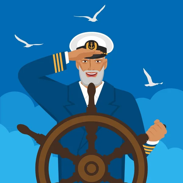 Kapitein kijkt in afstand staande aan roer van de boot — Stockvector
