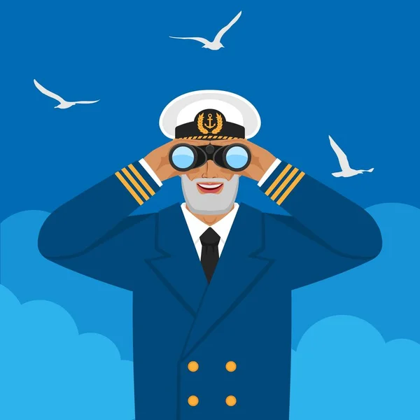 Captain looking through binoculars against cloudy sky and seagulls — Stock Vector