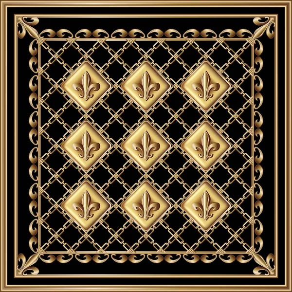 Foulard motif Lys doré sur fond noir avec bordure — Image vectorielle