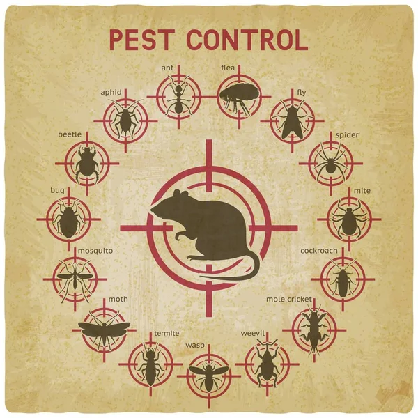 Iconos de control de plagas establecidos sobre fondo vintage objetivo rojo — Archivo Imágenes Vectoriales