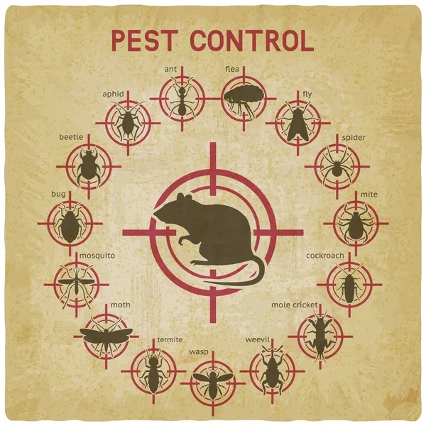 Ícones de controle de pragas definido no fundo vintage alvo vermelho — Vetor de Stock