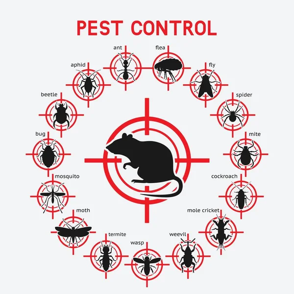 Pest Control ikon diatur pada target merah - Stok Vektor
