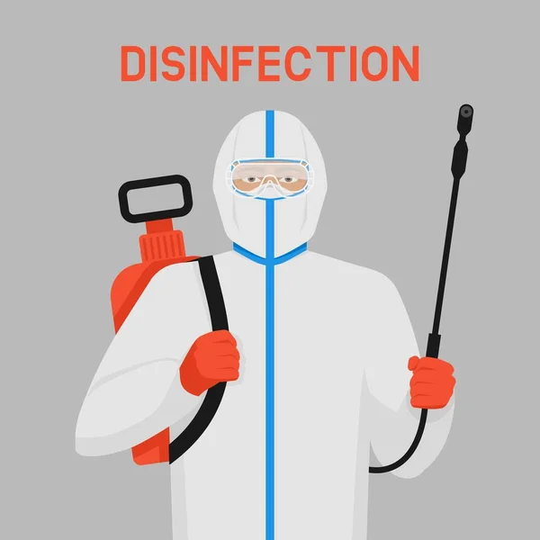 Doctor in protective suit with disinfection equipment — Stock Vector