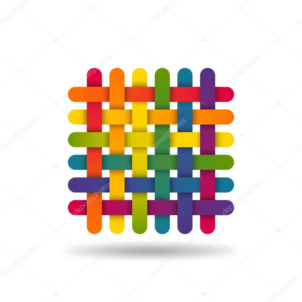 Rainbow coloured interwoven threads. Textile fabric symbol. Vector illustration