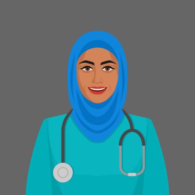 Gülümseyen doktor müslüman kadın stetoskop kullanıyor.
