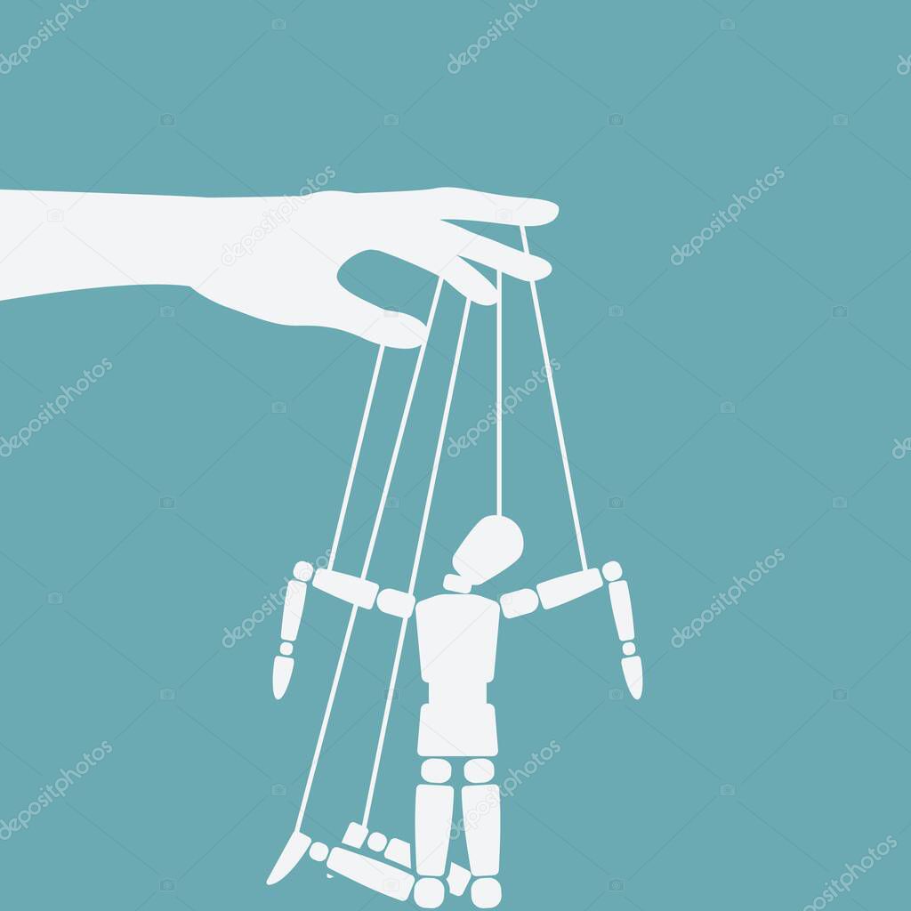 Puppet marionette on ropes is broken man