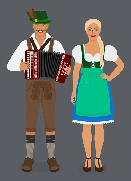 Hombre bávaro en lederhosen con acordeón y chica en Dirndl — Vector de stock